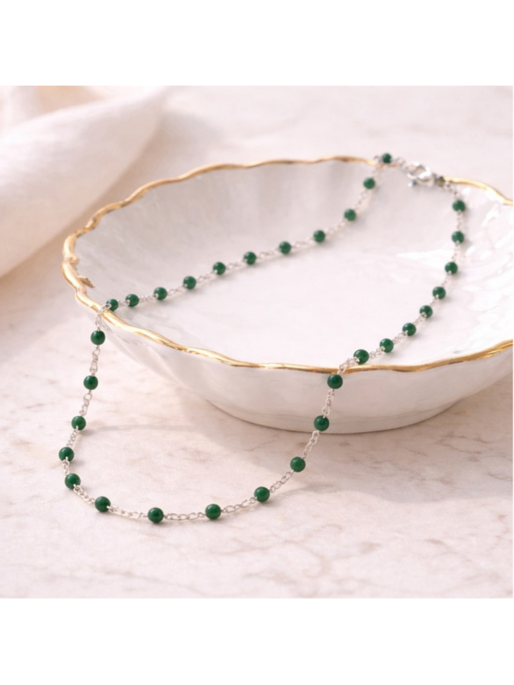 Necklace - 18” Stainless Steel Silver tone Necklace with Green Bead Accents - Picture 1 of 5